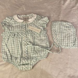 Rachel Zoe green romper and bonnet